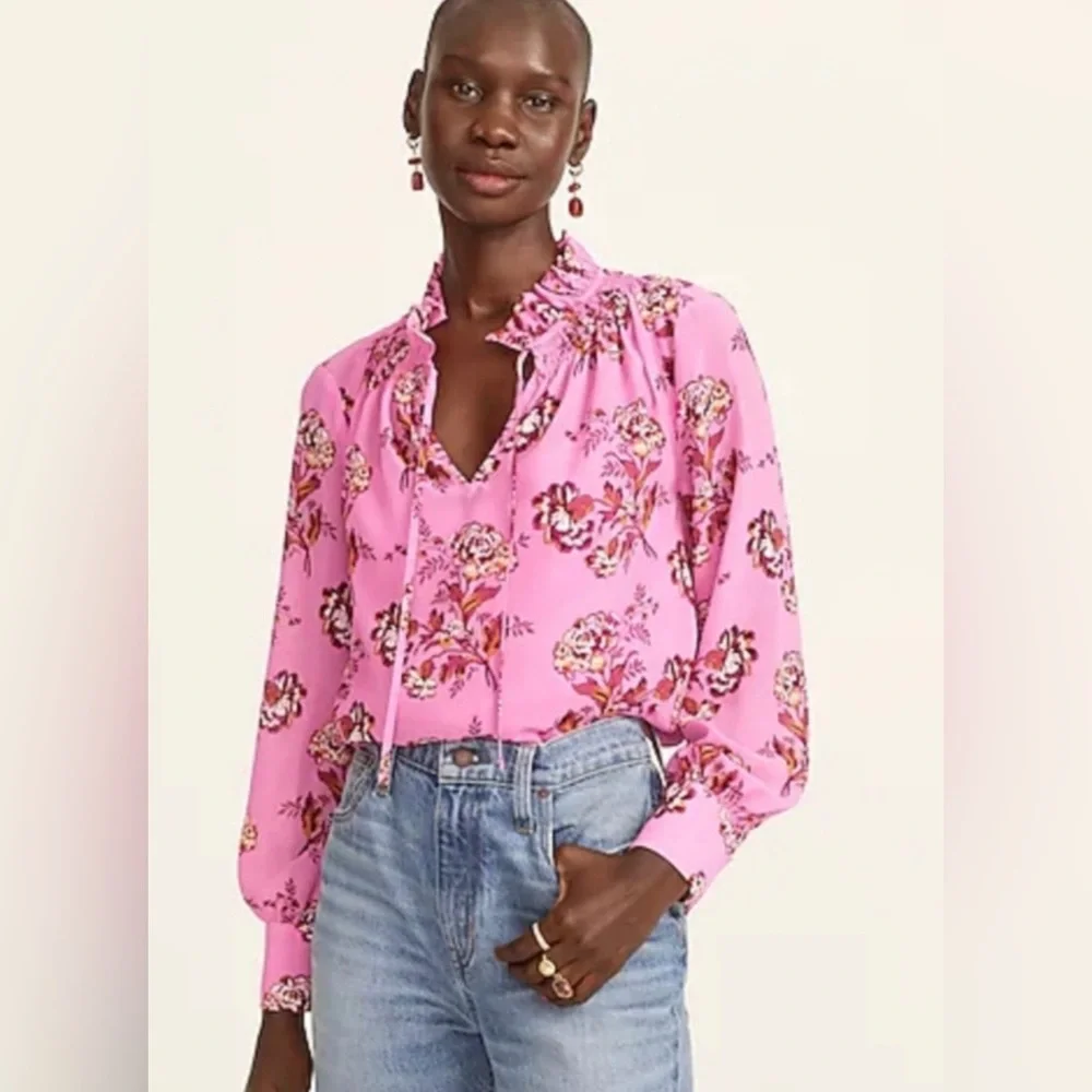 J Crew pink floral sheer drapey tie neck ruffle blouse top S